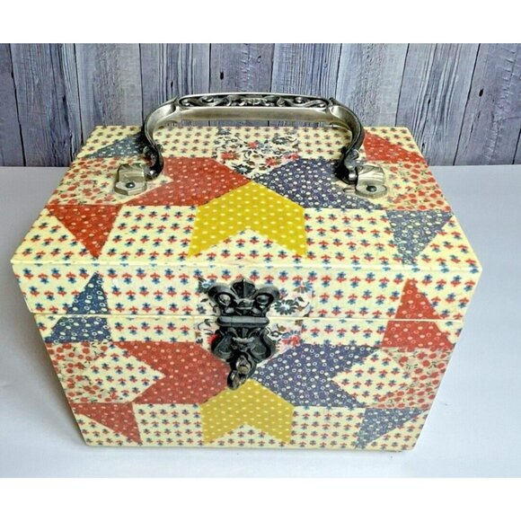 1970s Wooden Trinket Case Box Patchwork Design 7" x 5.5" x 5" with handle - Picture 1 of 16